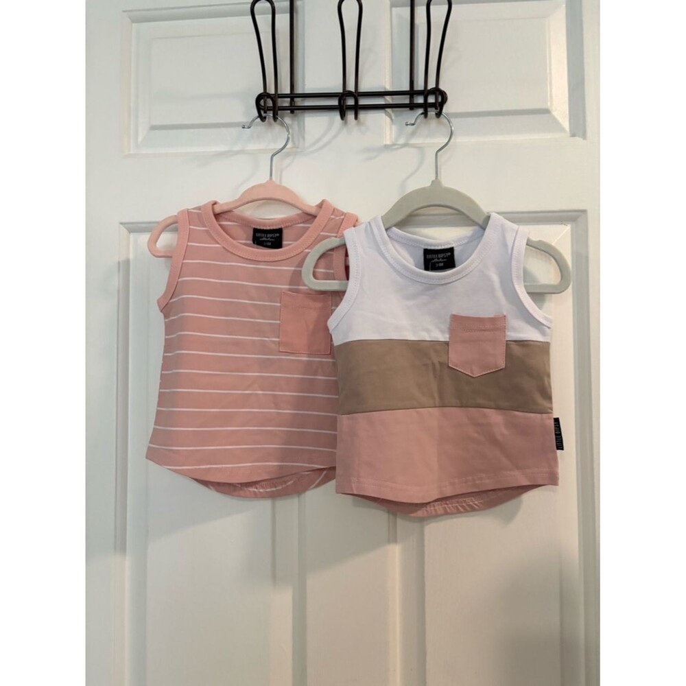 Little Bipsy Pink & White Tank Top Set with Tan Accent